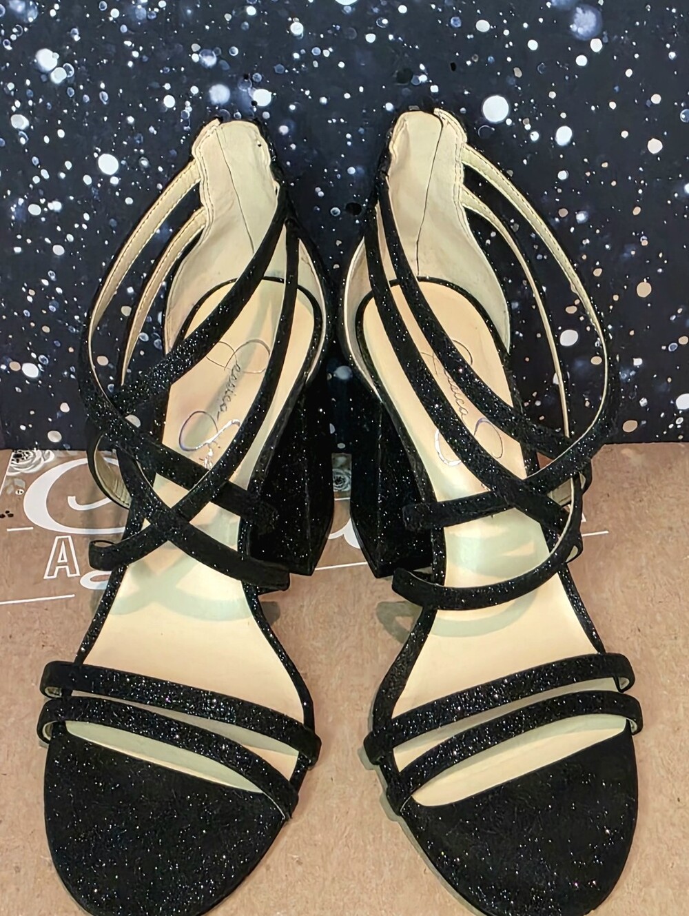 Black Glitter Strappy Block Heels Size 7.5